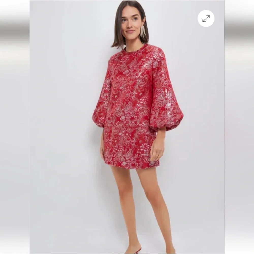 Hyacinth House Red Jacquard Janie Mini Dress ballon Sleeve NWT large - Picture 2 of 12